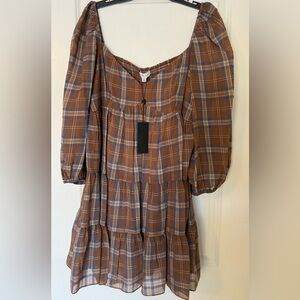 Country Chic Gianni Bibi Brown Plaid Off-Shoulder Dress lined  Coastal Cowgirl